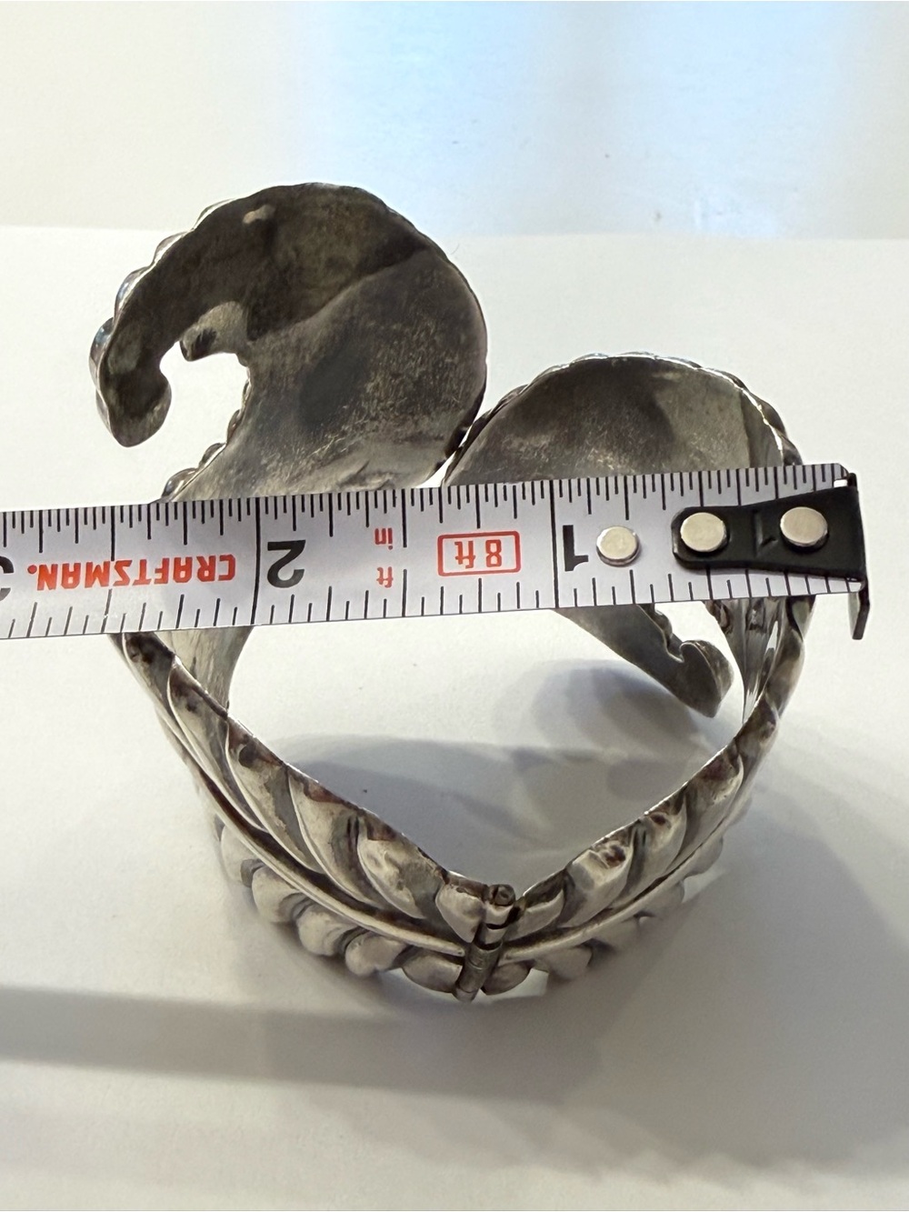 Vintage Taxco 925 Silver Leaf Hinged Clamper Cuff Bracelet - Picture 9 of 11